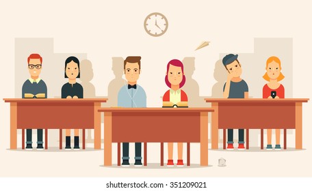 Flat Cartoon Pupils Sitting In A Classroom. Colorful Vector Illustration