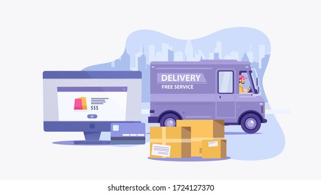 Flat cartoon purple delivery van vehicle with driver or courier and laptop or PC on background with city. Free delivery online shopping concept. Element for some quarantine banner. Vector illustration
