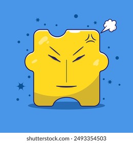 Flat cartoon puzzle character vector. Puzzle character with angry face isolated concept