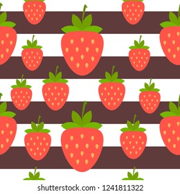 Flat cartoon repeat pattern with many strawberry, vector illustration isolated on white background with dark lines