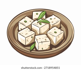 Una representación plana de dibujos animados muestra piezas de tofu dispuestas en una placa redonda. Los cubos de tofu son de color claro y tienen una guarnición verde en la parte superior. La placa es sencilla y tiene un tono neutro. Este diseño educativo se puede utilizar para contenido relacionado con la comida o presentaciones culinarias. El tofu parece listo para ser servido y resalta su textura y forma. La escena se centra en la comida, lo que la hace adecuada para diversos usos en cocina y temas dietéticos