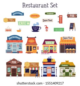 Flat cartoon restaurant building exterior and facade sign set isolated on white background. Colorful cafe, bistro, trattoria house fronts - vector illustration.