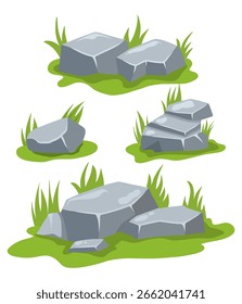 Elementos planos del paisaje del Rock y de la hierba de la historieta, sistema del Vector de la piedra de Naturaleza