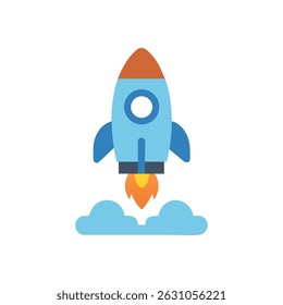 Flat cartoon rocket launching with flames and clouds in minimalist style. Set against a solid White Background.