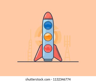 Flat cartoon rocket. Outline style.