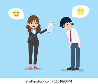 flat cartoon salaryman is apologizing to the customer And bring quality products to change 