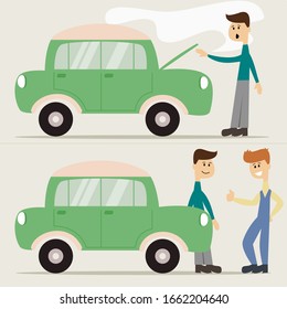 Flat cartoon scenes presents man with hurt car and auto mechanic. Car repair and service. Mechanic repairs car. Repair machines, equipment. Vector illustration.