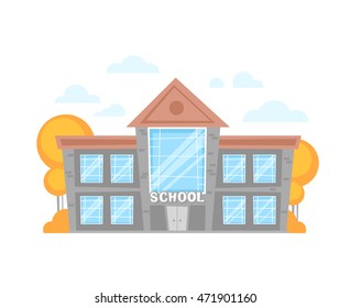 Flat cartoon school building with trees and ground, isolated on white background