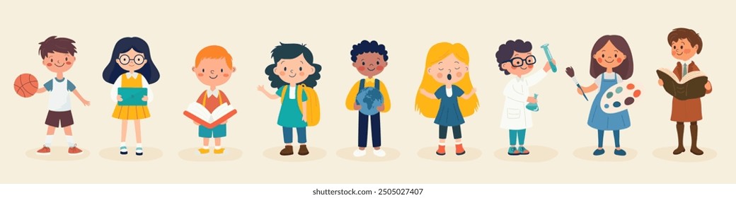 Flat Cartoon School Kids Engaged in Various Subjects - Science, Literature, Geography. Vector Illustration for Education, Learning. Colorful Minimalist School Design Template