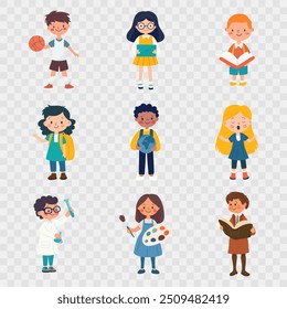 Flat Cartoon School Kids Engaged in Various Subjects - Science, Literature, Geography. Vector Illustration for Education, Learning. Colorful Minimalist School Design Template