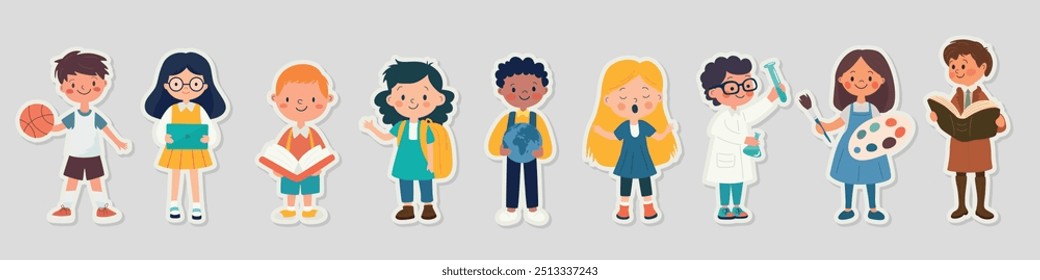 Etiquetas engomadas planas del tema de los niños de la escuela de la historieta - Ciencia, literatura, geografía. Ilustración vectorial de Educación y Aprendizaje. Colorido minimalista escuela pegatina diseño Plantilla