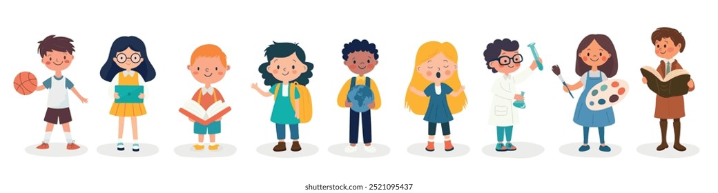 Etiquetas engomadas planas del tema de los niños de la escuela de la historieta - Ciencia, literatura, geografía. Ilustración vectorial de Educación y Aprendizaje. Colorido minimalista escuela pegatina diseño Plantilla