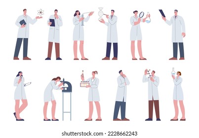 Flache Cartoon Science Laborfiguren. Chemist-Set, professionelle biologische und medizinische Labor-Forscher. Wissenschaftler mit Gerätetkicky-Vektorkit