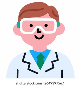 Personagem de cientista de desenho animado plano vestindo jaleco e óculos de proteção. Ideal para projetos educacionais e visuais de aprendizagem baseados em ciência.