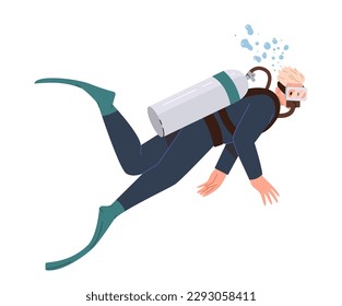 Flat cartoon scuba diver male character wearing wetsuit, mask, flippers and equipment for breathing