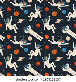 Flat cartoon seamless pattern with cosmos elements - galaxy, astronaut, stars,, moon and planets. Vector hand drawn illustration.