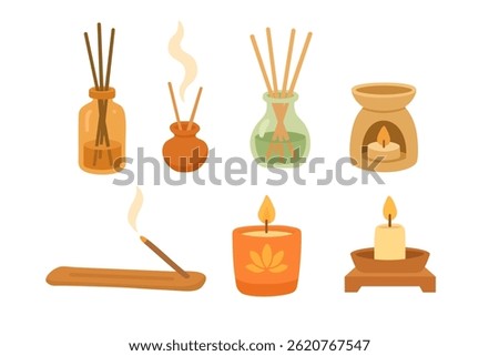 Flat cartoon set with aroma sticks, candles and oils for wellness, meditation and yoga.
