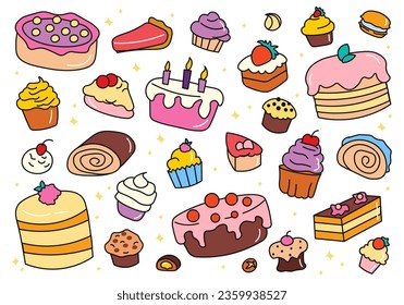Flat cartoon set of cakes. A vibrant set of illustrations with a diverse range of cakes, each boasting a colorful design that's sure to delight. Vector illustration.