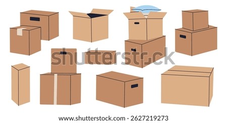 Flat cartoon set of cardboard box icons, open, closed, taped, stacked. Minimalist packaging, delivery and moving vector illustrations for logistics, shipping, warehouse and relocation, colored clipart