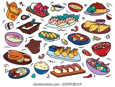 Flat cartoon set of China food. Chinese cuisine is famous for its unusual dishes, such as henkali, fish, rice and others. Vector illustration.