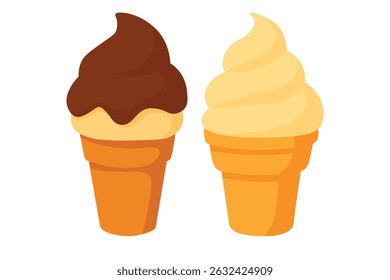 Flat cartoon set with chocolate and vanilla ice cream in waffle cones. Cute sweet desserts.