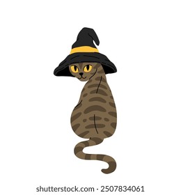 Conjunto de dibujos animados planos de lindos gatos en disfraces de halloween. Gato negro en papel como momia, gato atigrado gris en sombrero de bruja, gato de roseta de bengala con alas de murciélago. Vector ilustración de Halloween.