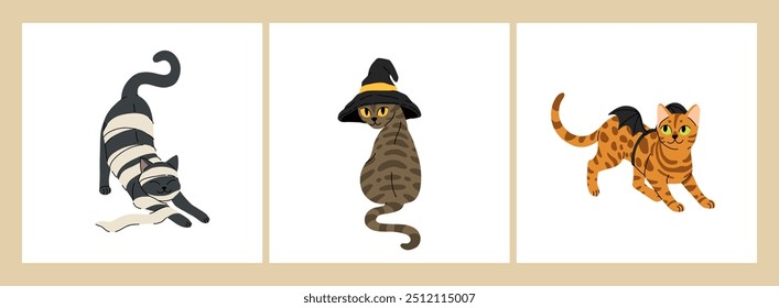 Flat cartoon set of cute cats in halloween costumes. Black cat in paper as mummy, grey tabby cat in witch hat, bengal rosette cat with bats wings. Vector halloween illustration.