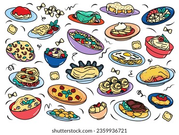 Flat cartoon set of different pastas. This vibrant illustration set features an array of different pasta shapes, each rendered in a lively and colorful design. Vector illustration.