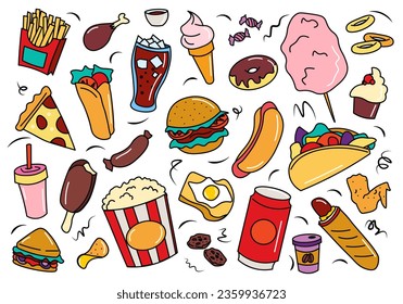 Flat cartoon set of fast food. These color pictures attract viewers with not useful, but very tasty food - fast food. Vector illustration.