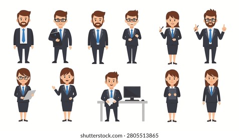 Flat cartoon set featuring male and female office administrators in dark suits and blue ties. Various professional poses including sitting at a desk, holding folders, and presenting.