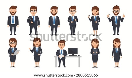 Flat cartoon set featuring male and female office administrators in dark suits and blue ties. Various professional poses including sitting at a desk, holding folders, and presenting.