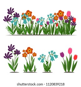 Flat Cartoon Set Of Garden Flowers, Vector Illustration Isolated On White Background