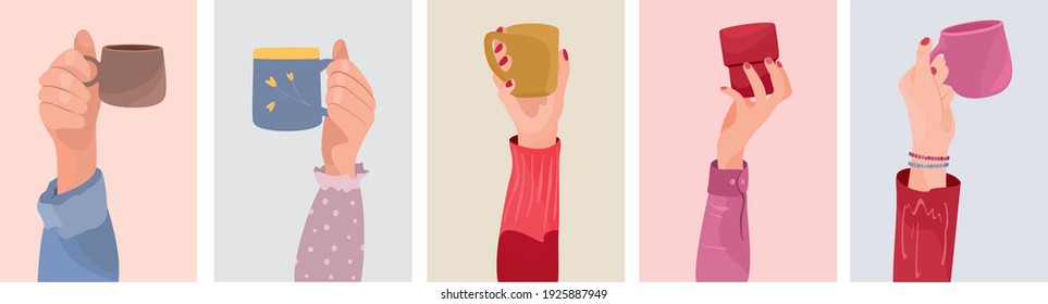 Flat cartoon set Hands Holding Cups coffee tea  Holiday vector illustration for postcard  greeting card  party invitation  Funny Lovely Mug  Female   male hands 