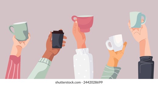 Flat cartoon set of Hands Holding Cups of coffee or tea. Holiday vector illustration for postcard, greeting card, party invitation. Funny Lovely Mug. Female and male hands.