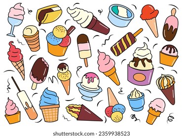 Flat cartoon set of ice creams. An illustration set showcasing a variety of delectable ice cream cones and cups, each adorned with a burst of vivid colors. Vector illustration.