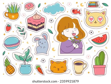 Flat cartoon set of kawaii sticker. An illustration set of adorable kawaii stickers, featuring playful and lovable characters in a cartoon style. Vector illustration.