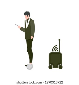 Flat cartoon set of man on electric wheel with suitcase, vector illustration in flat style of modern urban entertainment device, walking in the park