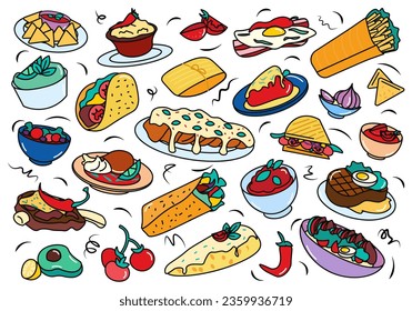 Flat cartoon set of Mexican food. The colorful illustration is decorated with equally colorful dishes of Mexican cuisine: tacos, nachos, peppers. Vector illustration.