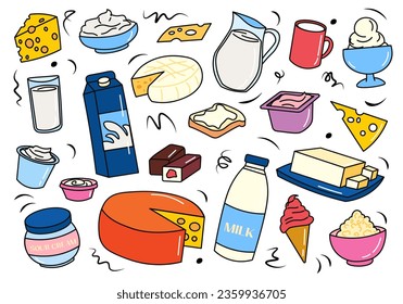 Flat cartoon set of milk products. Delicious products made from milk are displayed on this wonderful canvas: from wholesome cheese to sweet ice cream. Vector illustration.