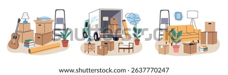 Flat cartoon set of moving scenes with boxes, furniture, and household items. Relocation process vector illustrations, new home concept, organization, transportation, lifestyle change compositions