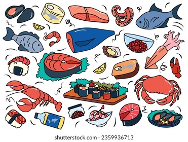 Dibujo plano de marisco. Un conjunto de ilustraciones con una variedad de mariscos frescos, ilustrado con gusto en una ráfaga de colores. Ilustración vectorial.
