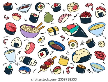 Flat cartoon set of sushi rolls. A set of illustrated sushi rolls, thoughtfully crafted with a burst of colors and intricate details, forming an eye-catching and artistic design. Vector illustration.