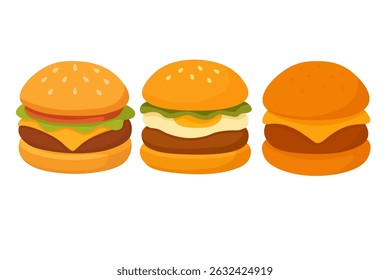 Flat cartoon set of three burgers with cheese, lettuce, tomato and egg in soft buns.