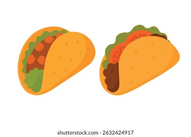 Flat cartoon set of two tacos filled with meat, lettuce, tomato and vegetables in soft shells.