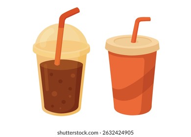 Flat cartoon set of two takeaway drinks in cups with lids and straws. Simple colorful style.