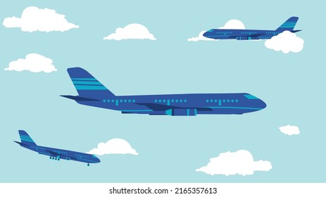 flat cartoon side view of airplane in the sky