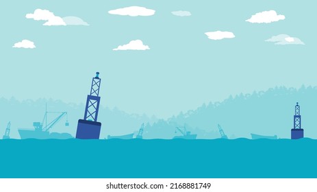 flat cartoon side view of Buoys floating at Ocean or sea