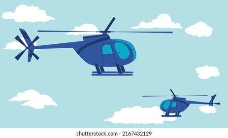 flat cartoon side view of helicopter in the sky