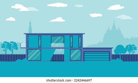 flat cartoon side view of Modern House