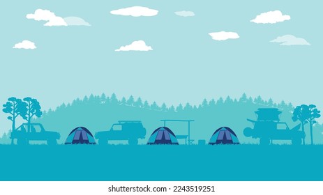 flat cartoon side view of off road vehicle car camping with forest mountain landscape